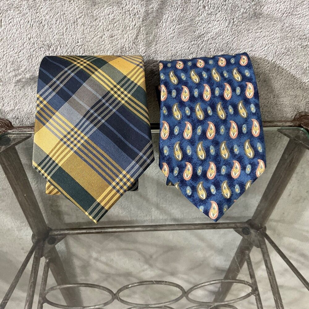 Lands' End Men's Silk paisley /silk wool plaid Ties Lot Of 2 Handsewn in USA